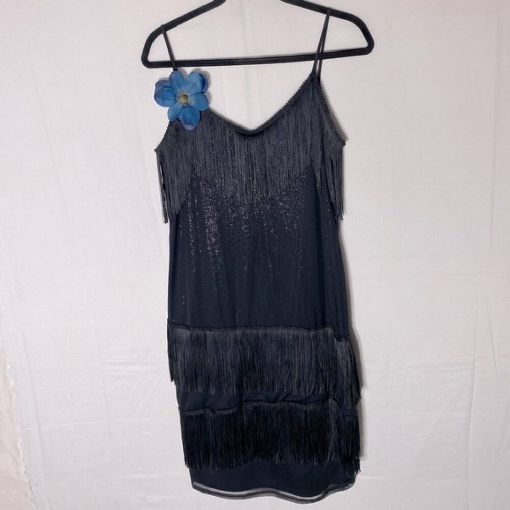 Vintage SMW Black Flapper Dress DIY Costume Mini Dress W Fringe XL